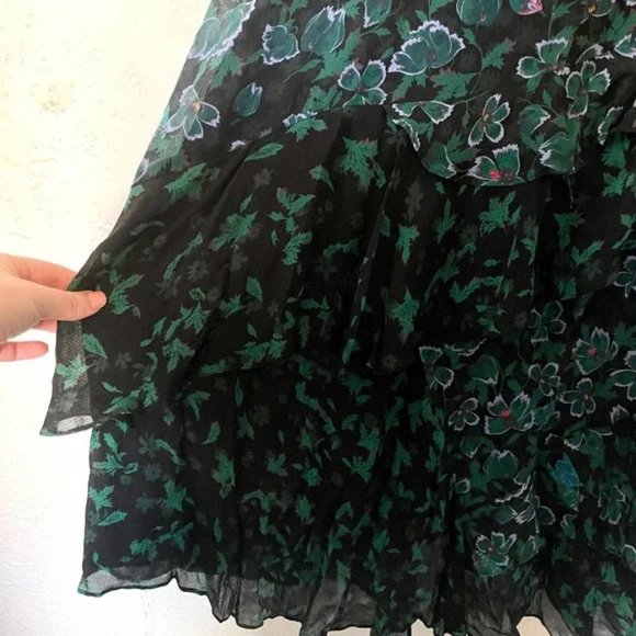 Tanya Taylor Green Floral Althea Silk Ruffle Midi Cold Shoulder Dress whimsigoth - Picture 9 of 13